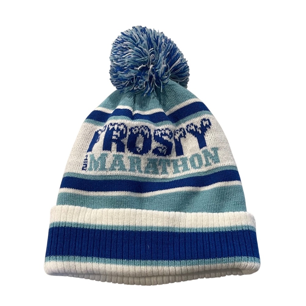 Frosty Marathon Beanie Unisex OS Blue Striped Wintercore Pom Pom Polar Bear Hat